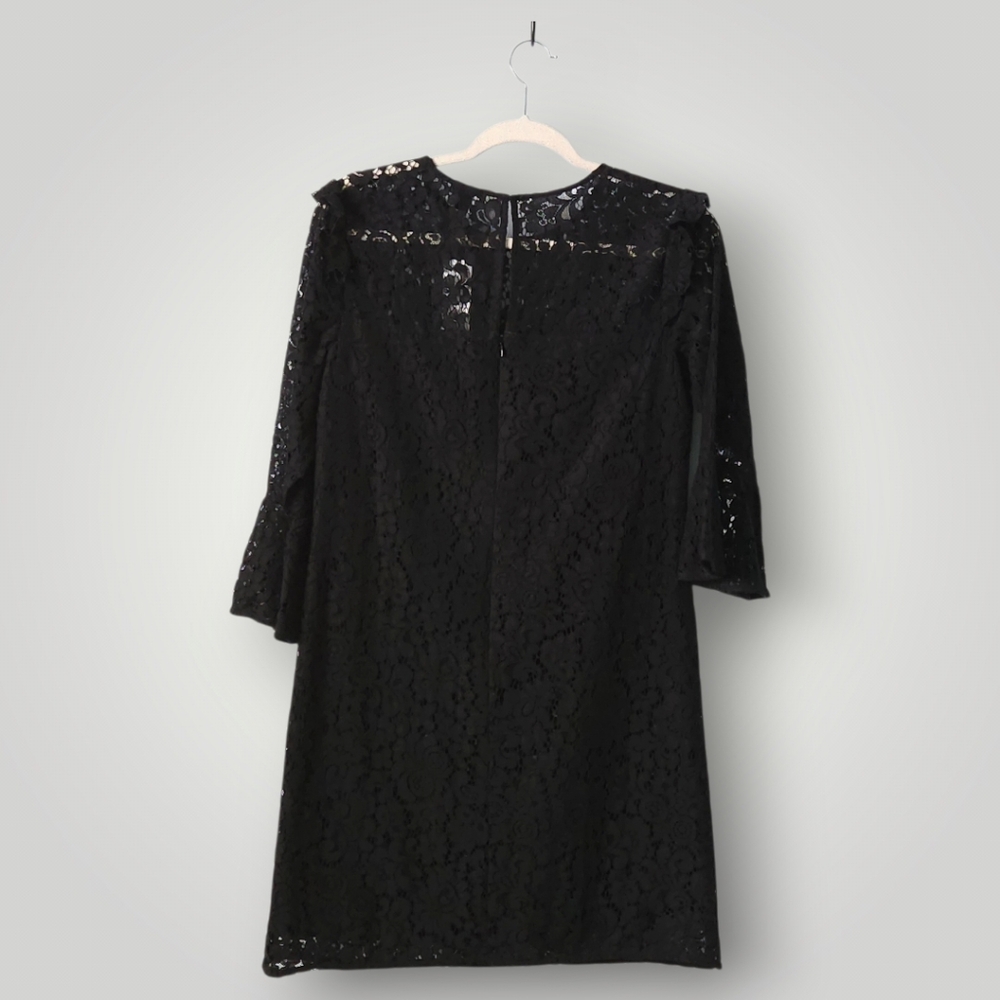 Ann Taylor Black Lace Illusion Shift Dress 4 Bell Sleeve Ruffle Shoulder New - Picture 3 of 10